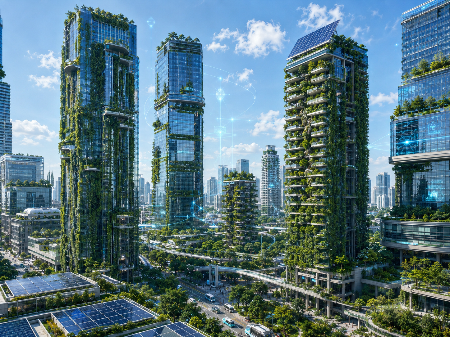 Sustainable city with green skyscrapers